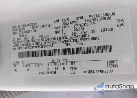 2023 Ford F-150 Xl z USA, uszkodzony, nr VIN 1FTEW1CP3PKG08693